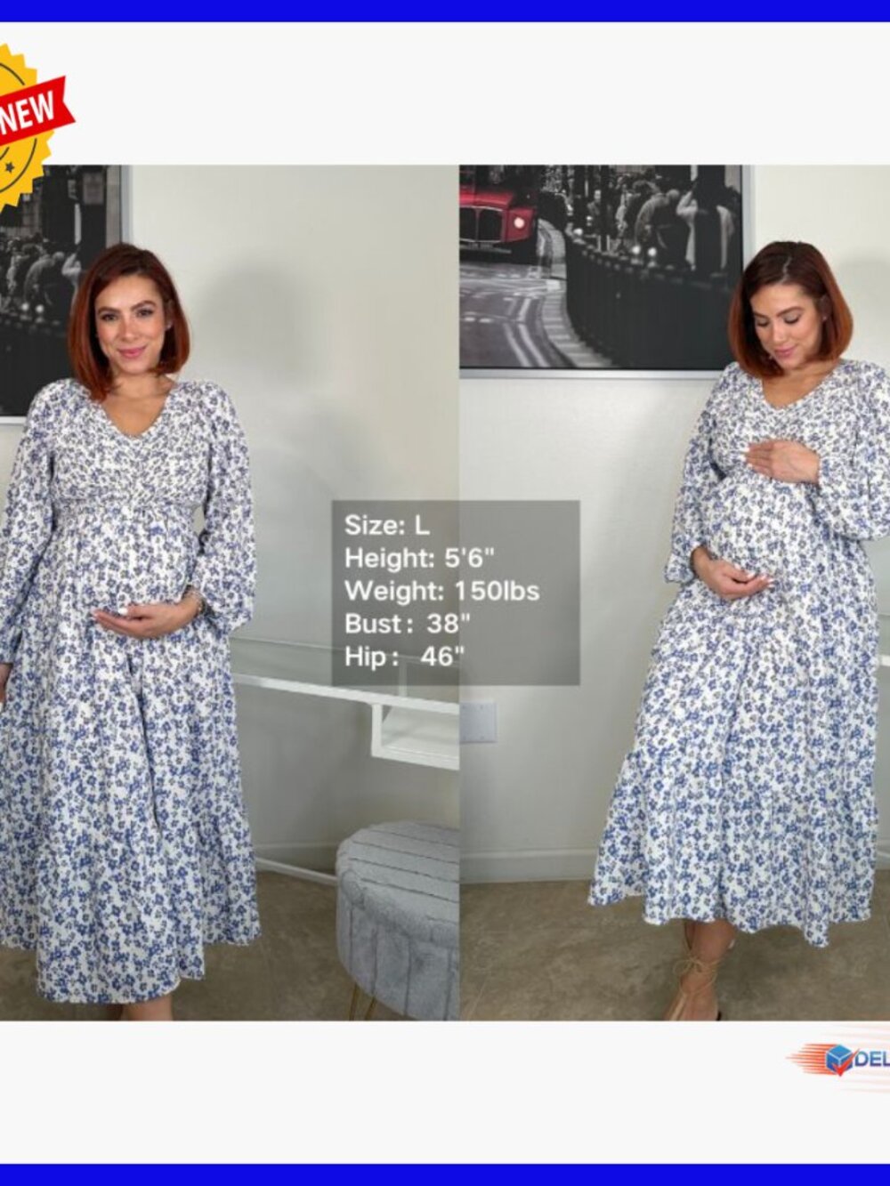 Maternity Midi Dress Flutter Sleeve Smocked Top A-Line Casual Summer - Picture 7 of 7
